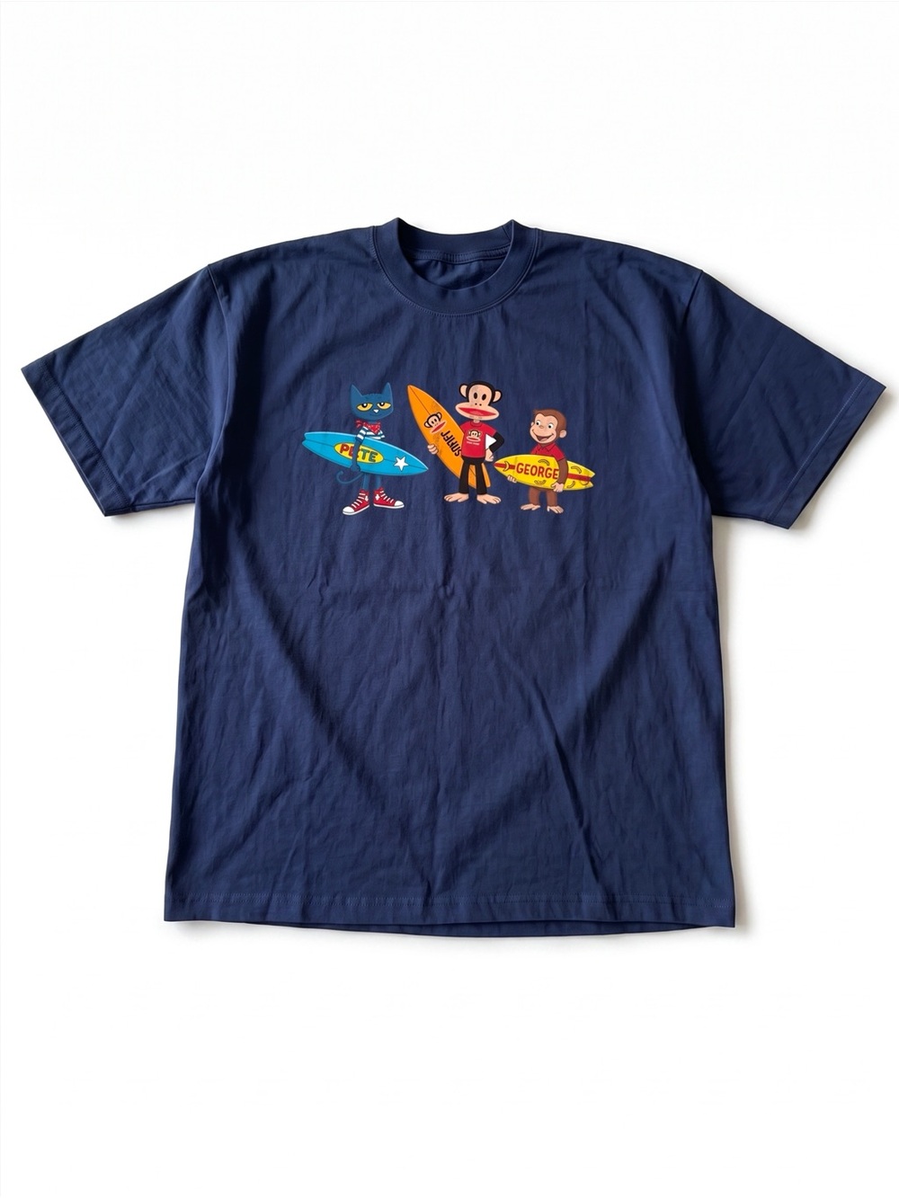 Pete The Cat Paul Frank Curious George Surf Crossover Navy Graphic T-Shirt